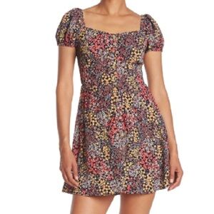Bailey Blue Mini Dress Womens XL Black Pink Floral Print Emma Puff Sleeve A-line